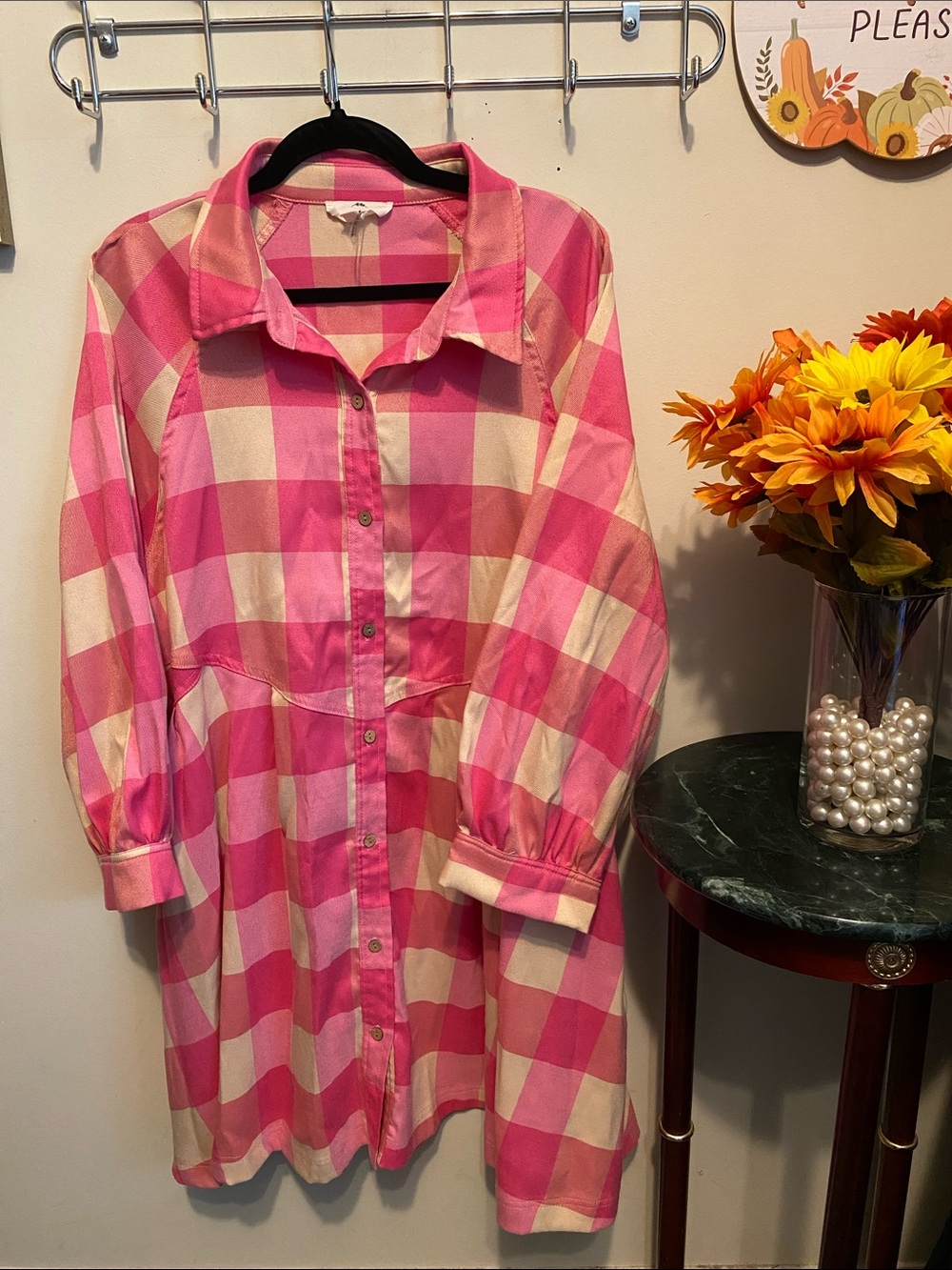 entro Size L Pink Plaid Button-Front Women’s Shirt Dress with deep pockets.